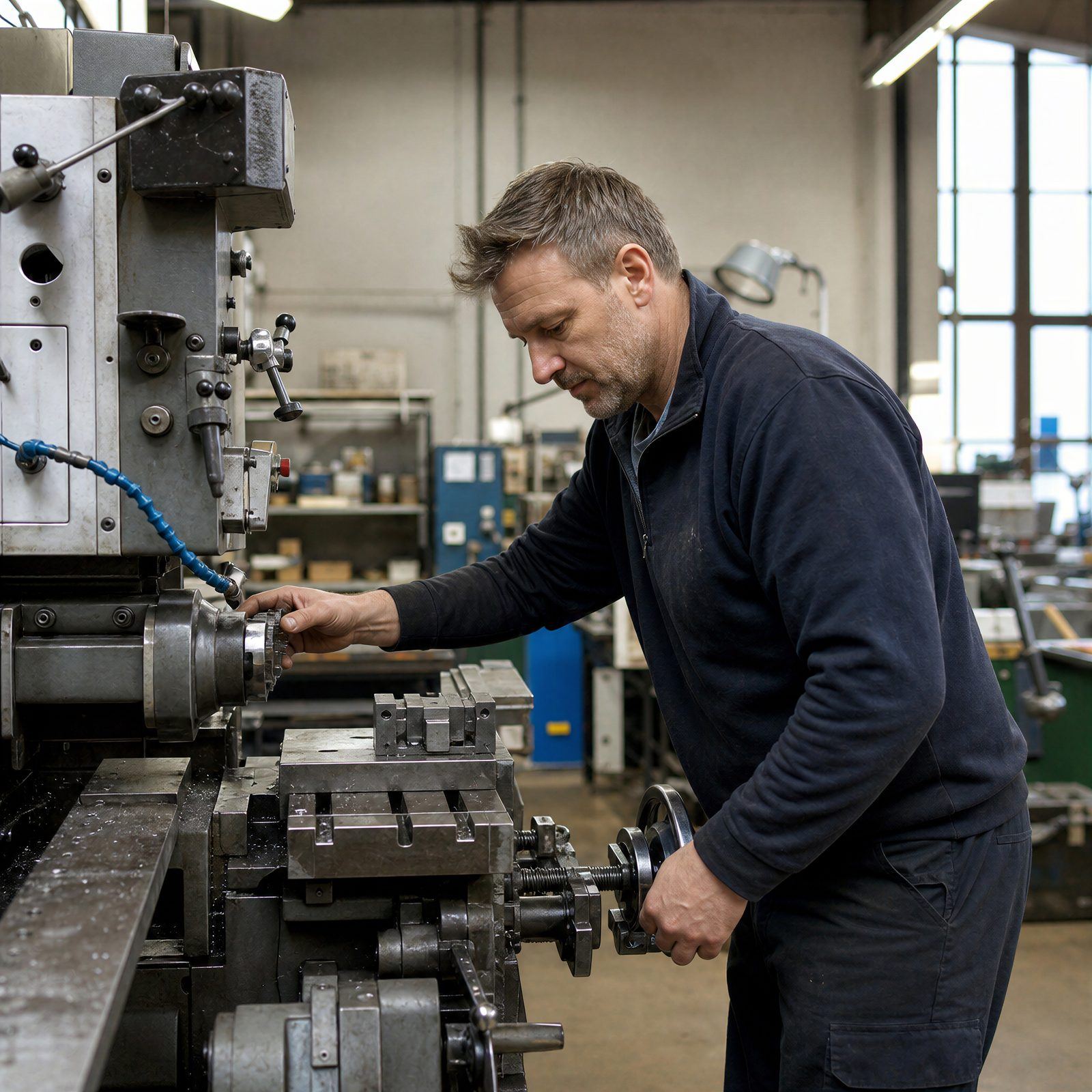 An engineer operating a milling machine in his workshop