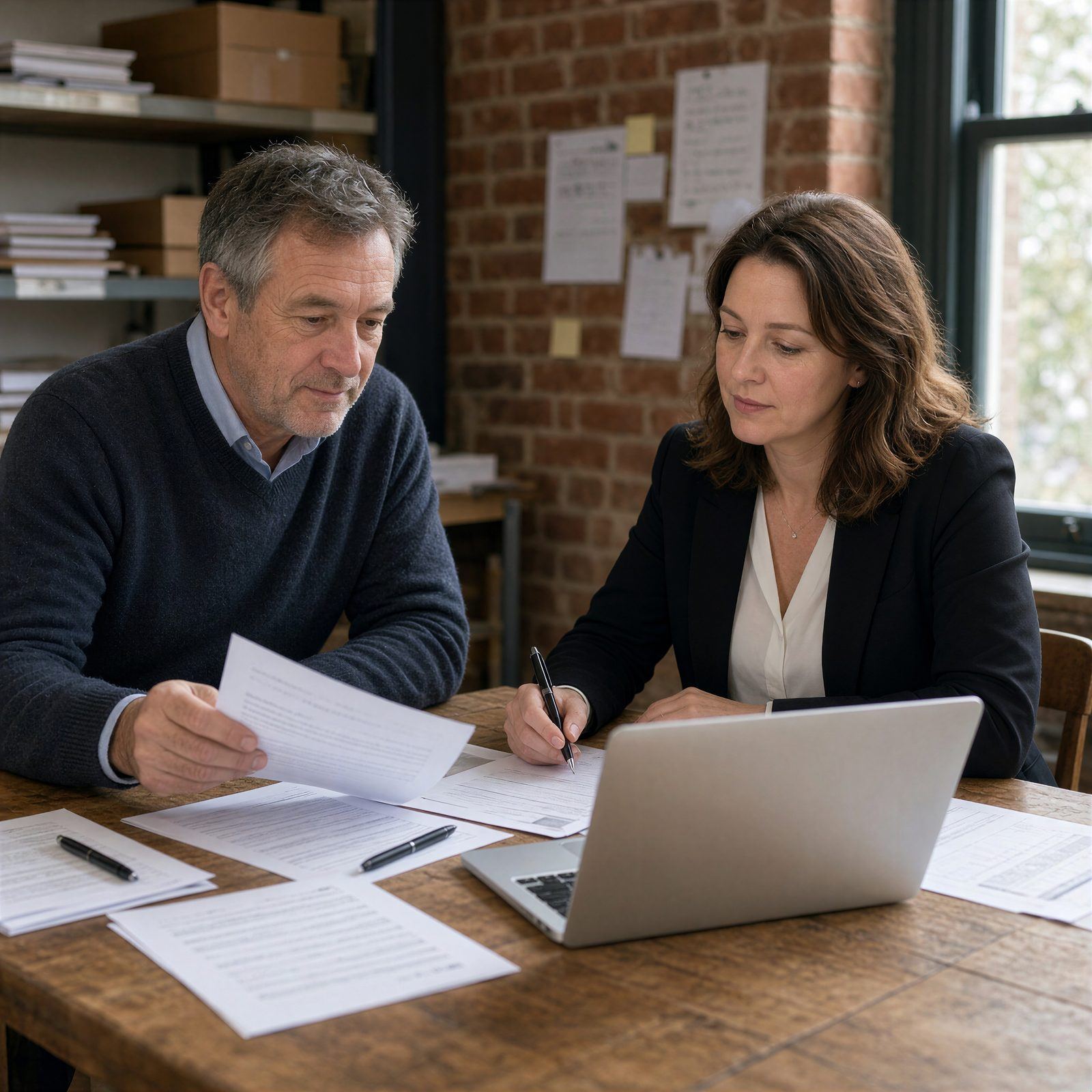 Two business owners reviewing paperwork together at a laptop