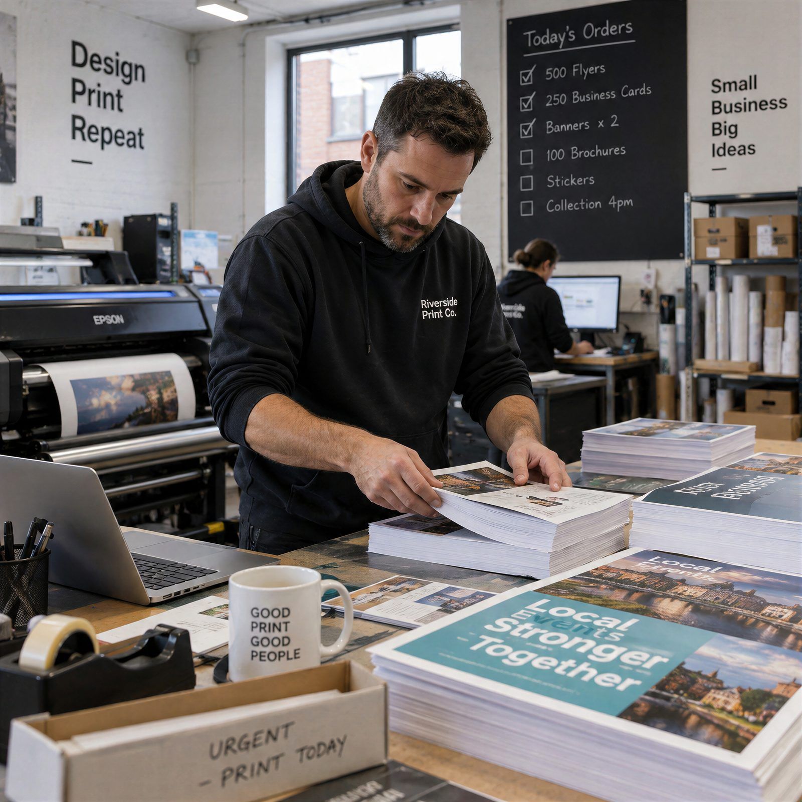 A print shop owner sorting printed orders at his counter