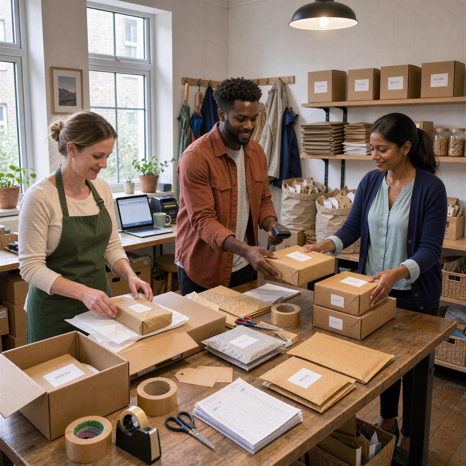 A small team packing customer orders in their shop