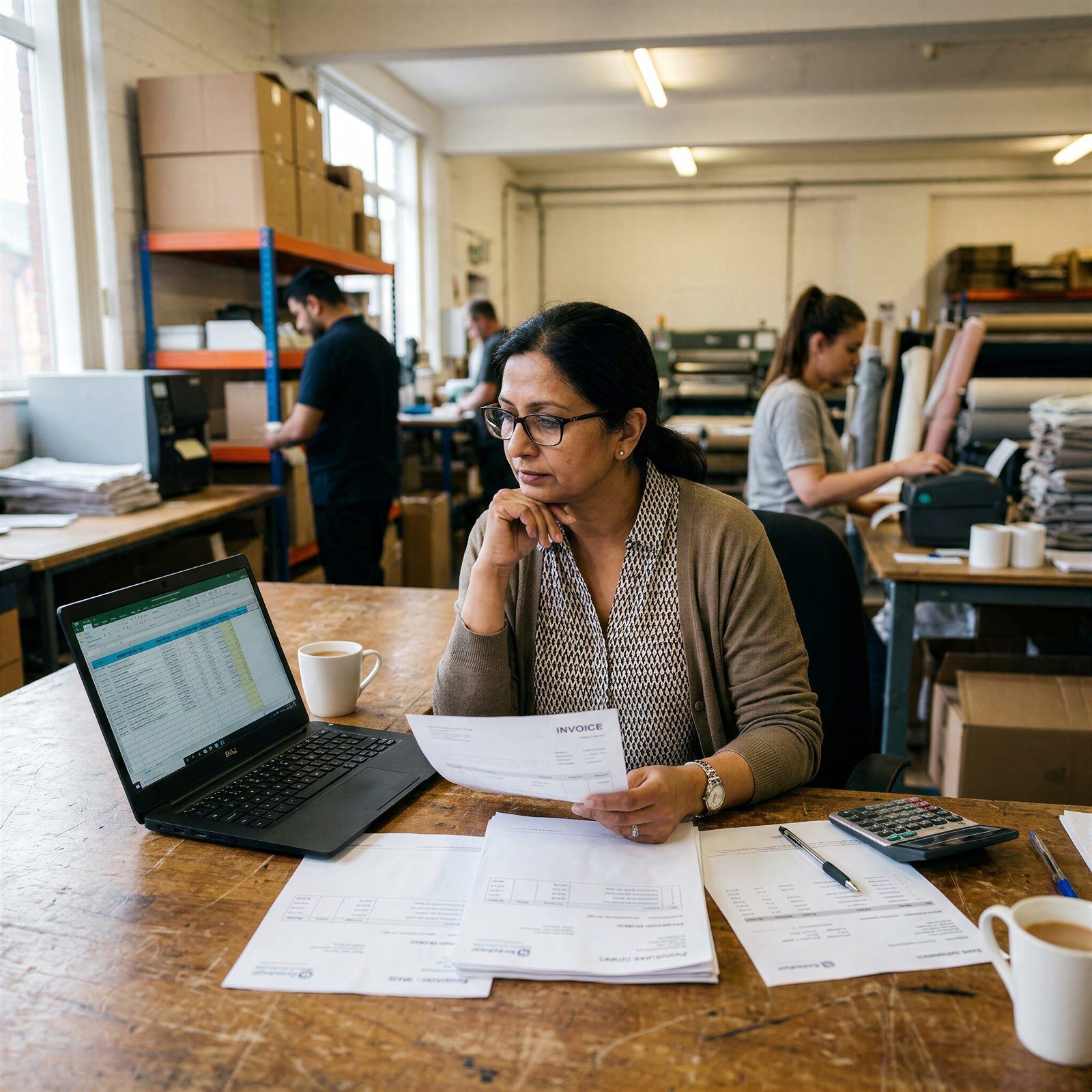 A business owner reviewing figures on a laptop in her workshop office