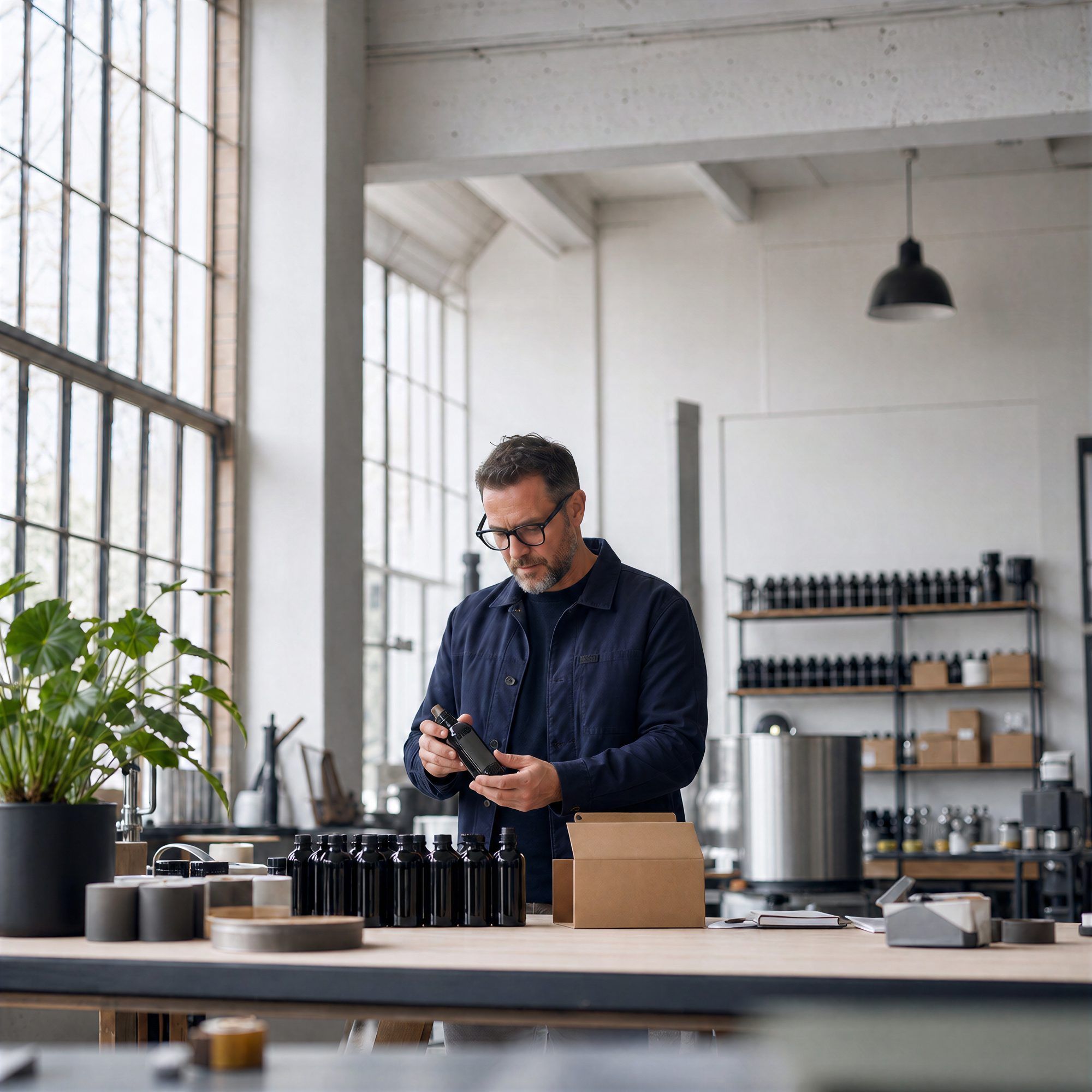 A business owner checking a product at the workbench of his bright studio workshop