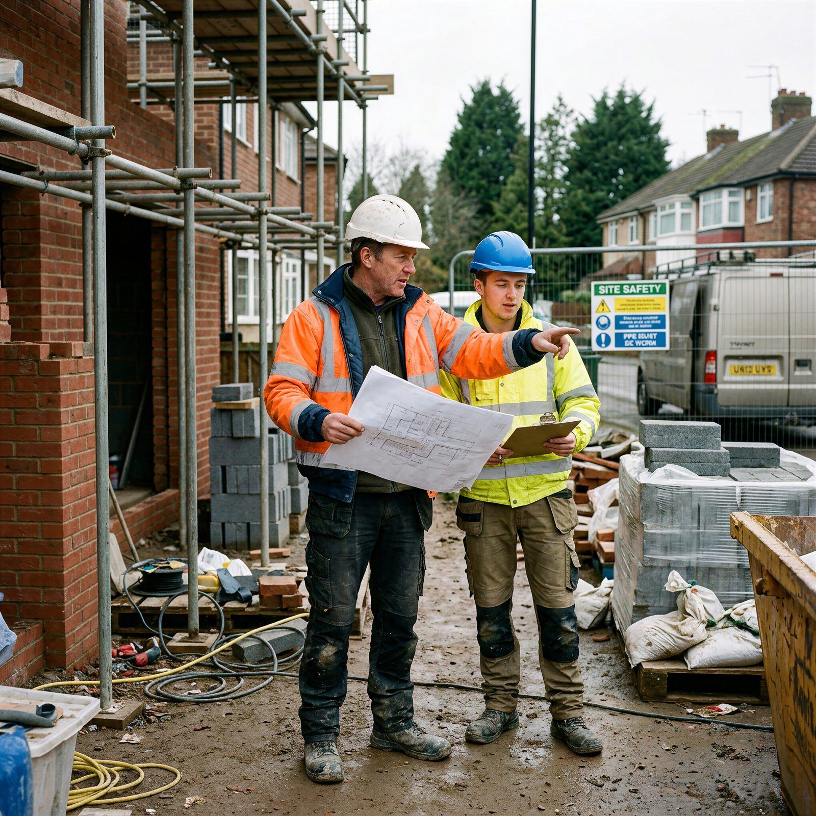 Two builders in hard hats and hi-vis reviewing plans on a housing site