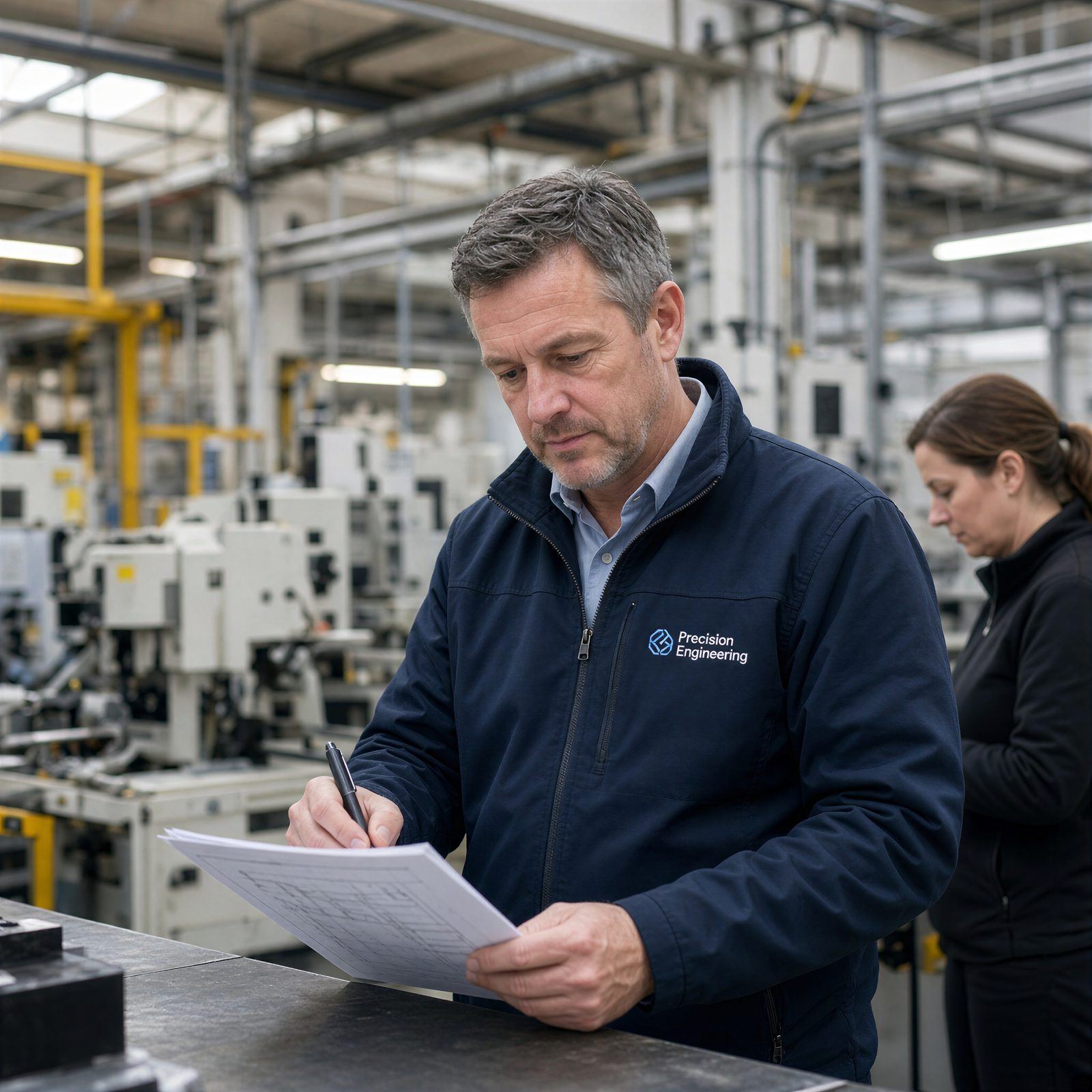 An engineering firm director signing paperwork on the factory floor
