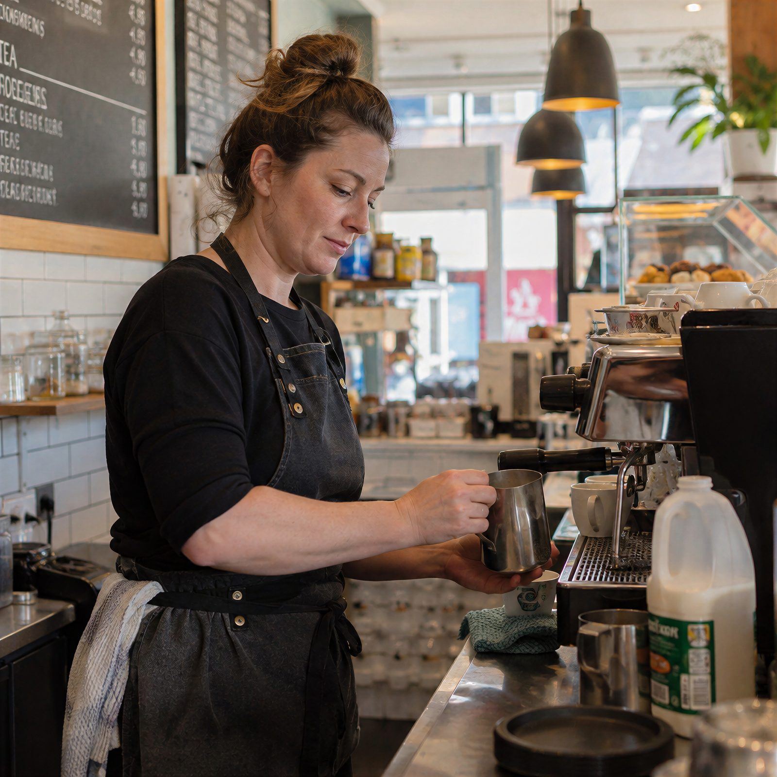 A café owner in an apron making coffee at the espresso machine