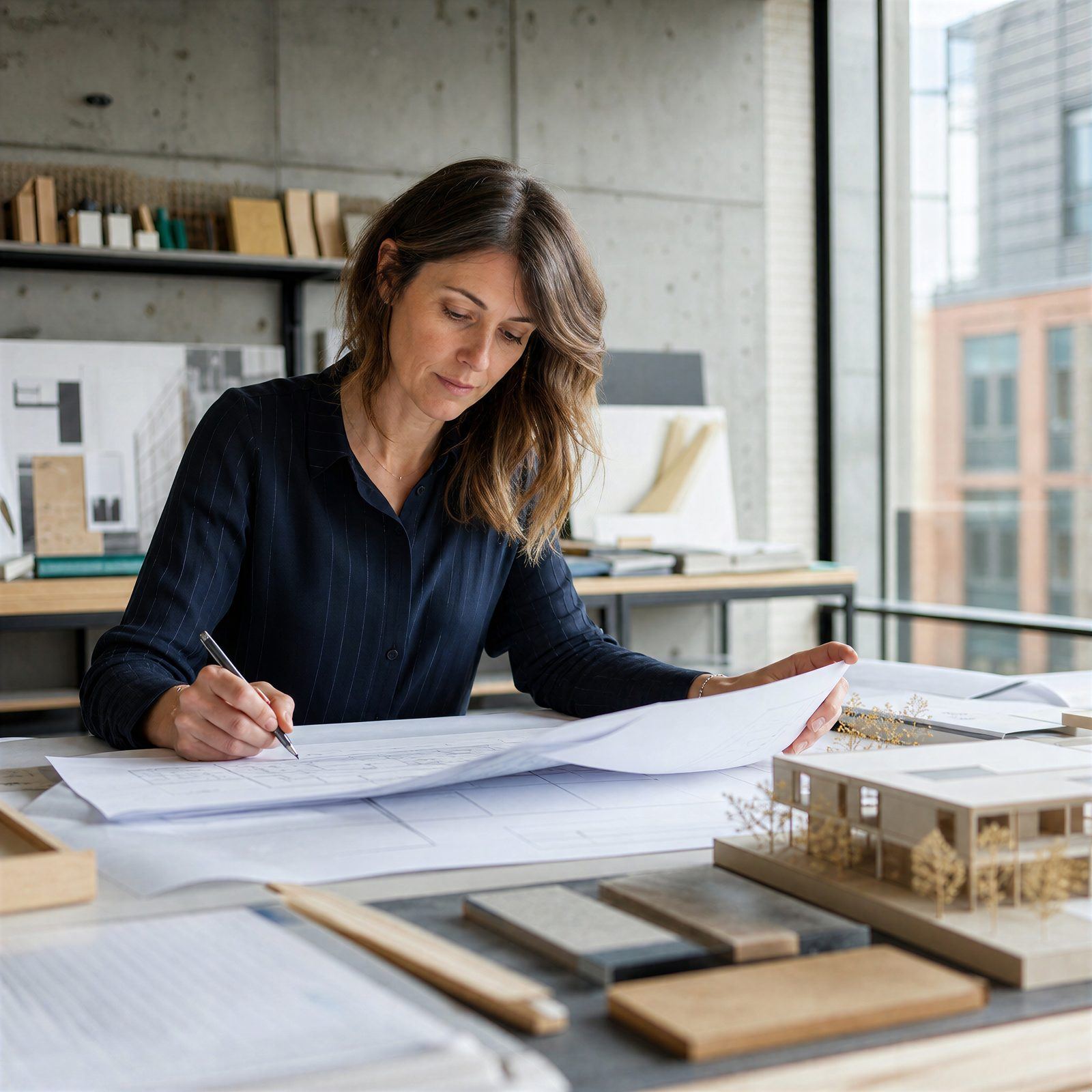 An architect sketching plans at her desk beside a building model