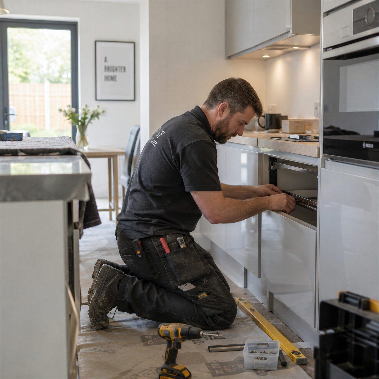 A fitter kneeling to install an oven in a new kitchen