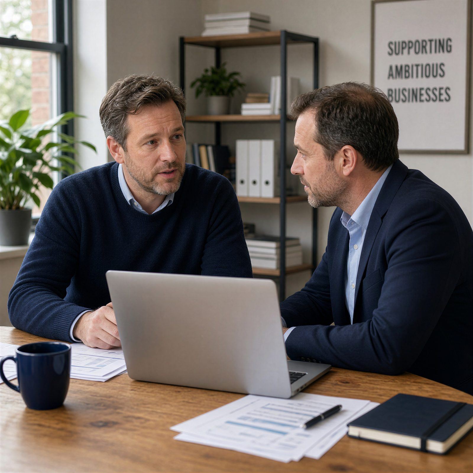 Two people talking through a business plan at a laptop